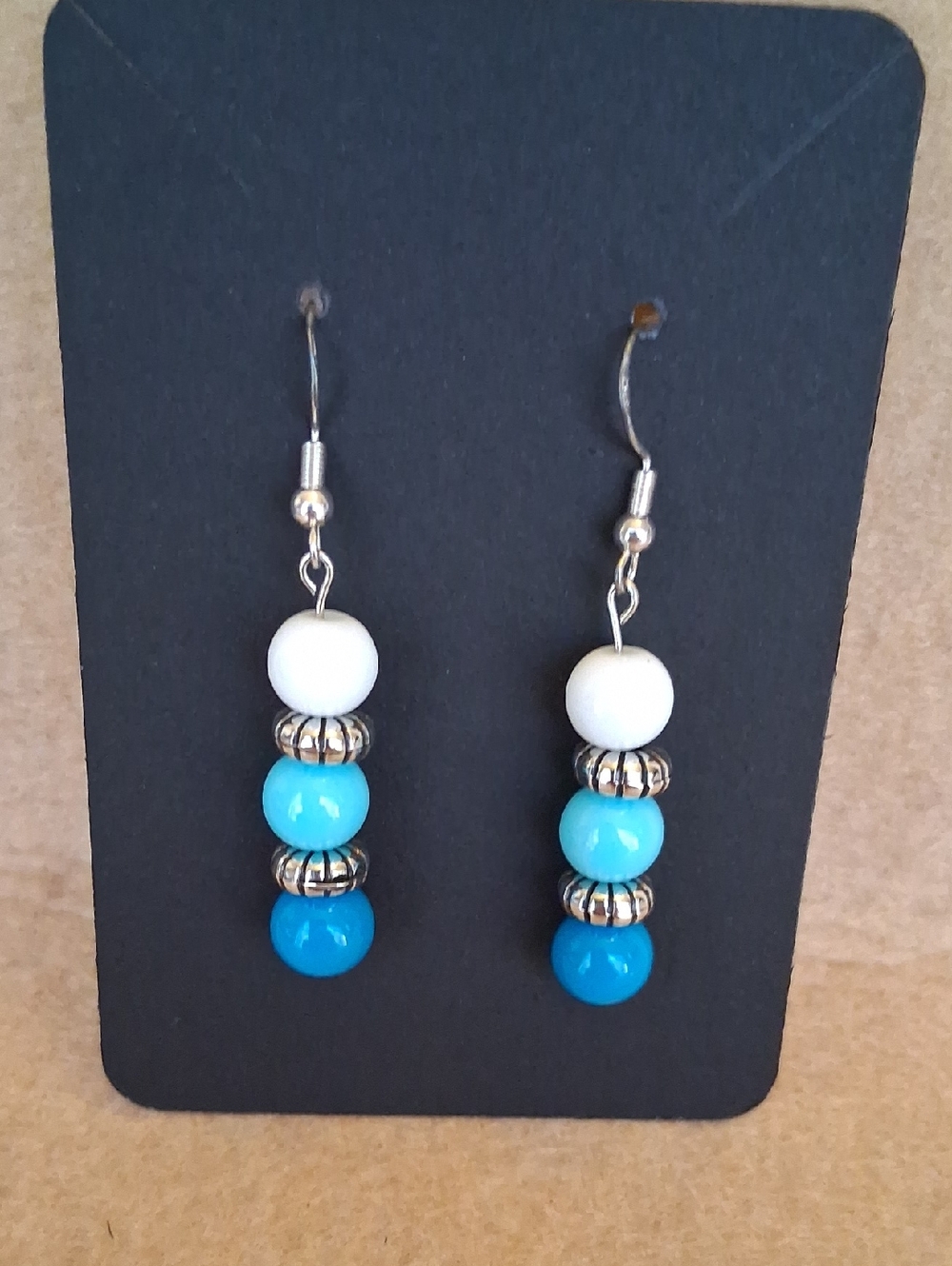 Hand Crafted Aqua/Teal & White Beaded Drop Pierced Earrings